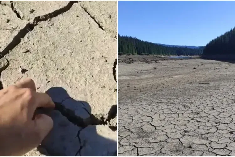 O parte din lacul Beliș a secat! A scăzut nivelul apei cu 10 - 15 metri, iar la coada lacului e ca în deșert - VIDEO   