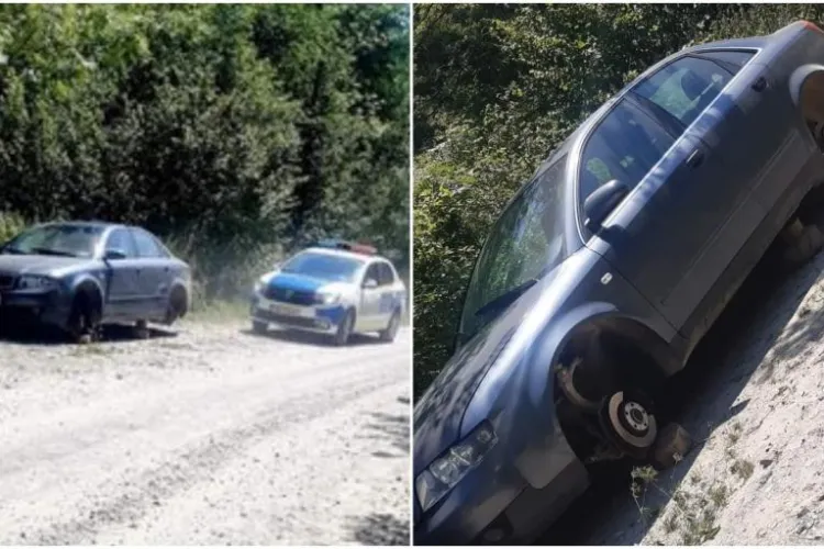 FOTO - A rămas fără toate roţile de la maşină după ce a parcat mașina într-o parcare lăturalnică: „Cine o furat să le aduca înapoi”