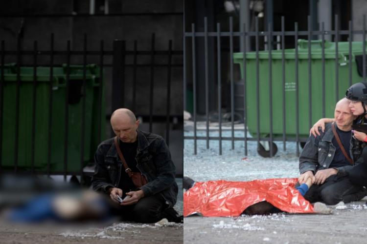VIDEO - Imagini sfâșietoare: Un bărbat a stat două ore și s-a rugat lângă cadavrul fiului său. Băiatul a murit în urma unui atac rusesc în Harkov