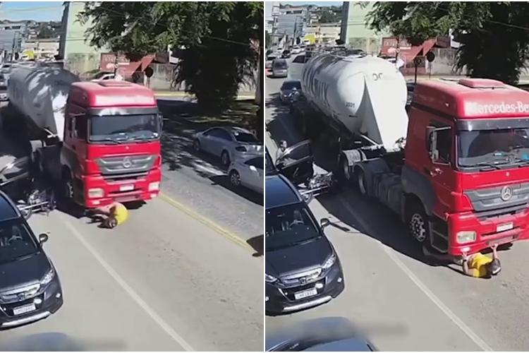Accident șocant! Motociclist aruncat de o portieră deschisă direct sub un TIR. Și la Cluj se poate întâmpla - VIDEO