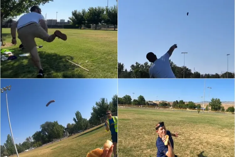 VIDEO - Record plin de haz: Un bărbat a reușit să prindă un crenvurst aruncat de la peste 50 de metri distanță direct într-o chiflă