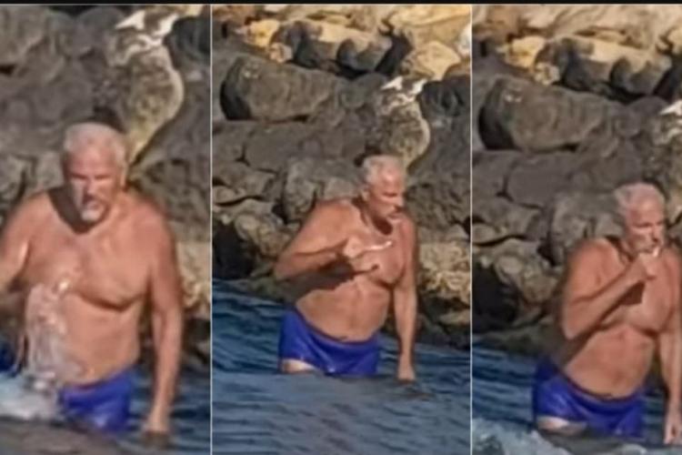 VIDEO. Un bărbat a fost filmat în timp ce se spăla pe dinți în apa mării, la Constanţa: „Dar gargară de ce nu face?”
