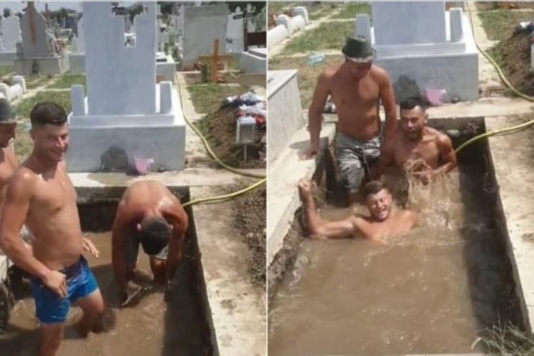 VIDEO. Trei bărbați și-au făcut piscină într-un mormânt, în cimitir: „Și când mor am valoare”