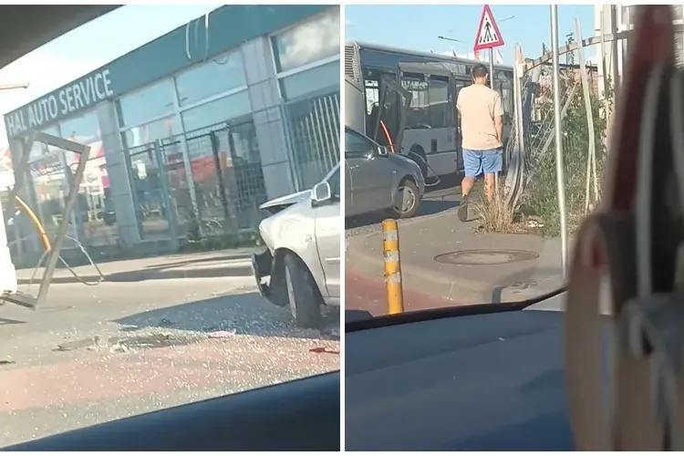 Accident în sensul giratoriu de la Hornbach: Cum poți să nu vezi ditamai autobuzul alb / Să facă autobuze mai scurte - VIDEO