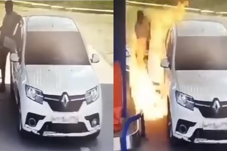 VIDEO - Mașina unui șofer a luat foc, după ce acesta și-a aprins o țigară în timp ce făcea plinul 