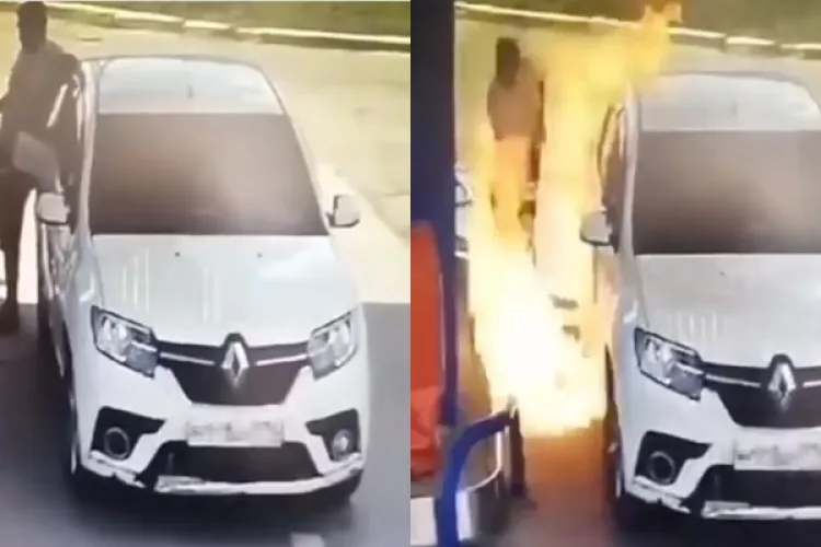 VIDEO - Mașina unui șofer a luat foc, după ce acesta și-a aprins o țigară în timp ce făcea plinul 