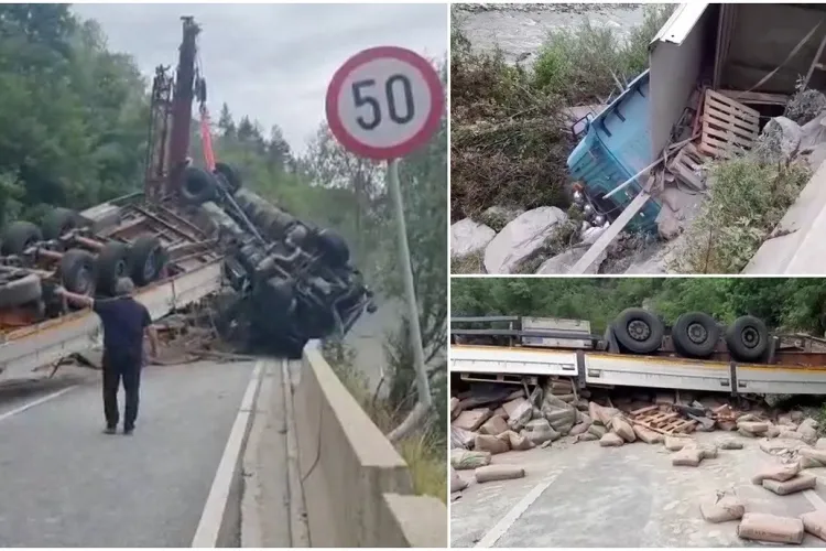 Un TIR plin cu ciment s-a făcut una cu pământul în Defileul Jiului. Camionul a blocat în totalitate circulația din zonă