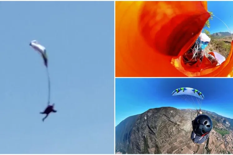 VIDEO - Momente de groază: Un parapantist a fost la un pas de moarte, după ce frânghiile parașutei s-au împleticit