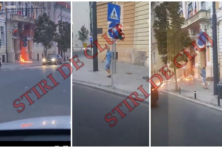 ATENTAT cu benzină la Primăria Cluj-Napoca. Un bărbat a DAT FOC cu benzină ușii Primăriei - VIDEO EXCLUSIV