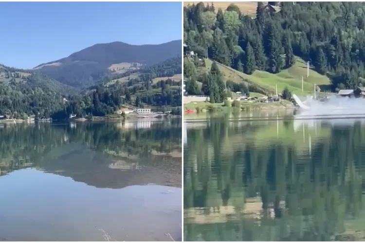 VIDEO - Imagini filmate de pe mal cu momentul în care s-a prăbușit avionul în lacul Colibița. Pilotul a murit