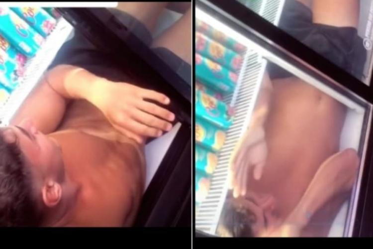 VIDEO. „Mai proști decât prevede legea!”. Un tânăr s-a băgat în frigiderul unui supermarket ca să se răcorească