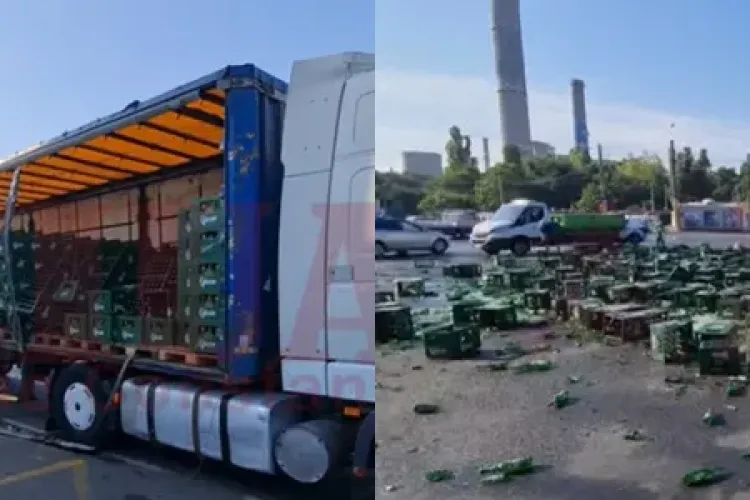 VIDEO - Sute de sticle cu bere s-au făcut praf, după ce au căzut dintr-un TIR aflat în mers direct pe șosea