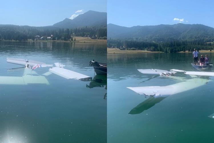 FOTO - Un avion de mici dimensiuni s-a prăbușit în lacul Colibița, județul Bistrița-Năsăud. Pilotul a fost scos în stare de inconștiență