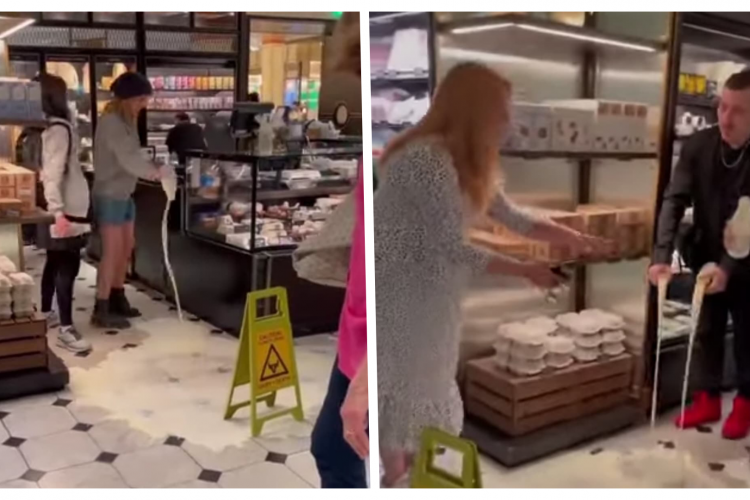 VIDEO. Un grup de activiști vegani a vărsat sticle cu lapte pe podeaua magazinelor dintr-un centru comercial