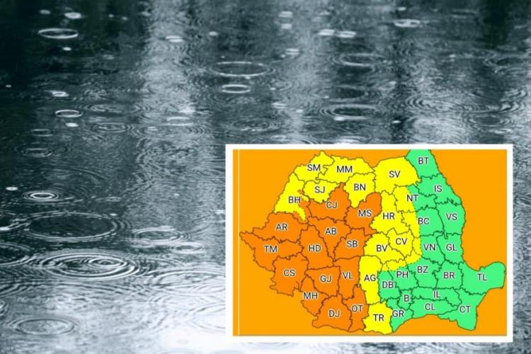 Codul Portocaliu de ploi și vijelii, prelungit până vineri seară în județul Cluj. Averse torenţiale în cea mai mare parte a țării