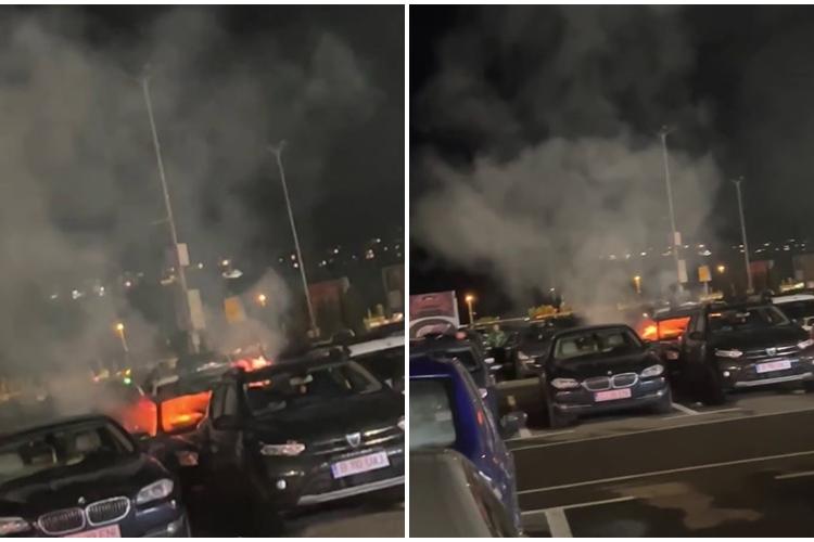 O mașină a ars ca o torță în parcarea de la VIVO - VIDEO