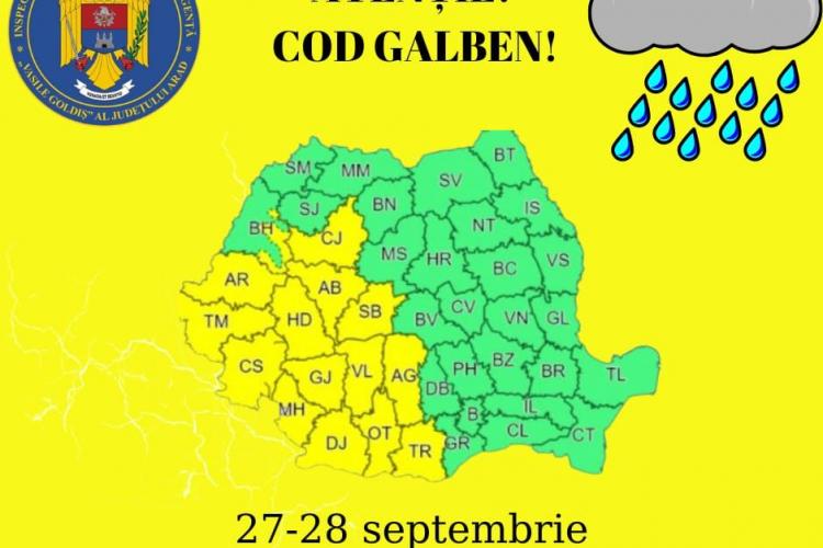 Cod Galben de ploi în Cluj. În ce interval va fi valabil