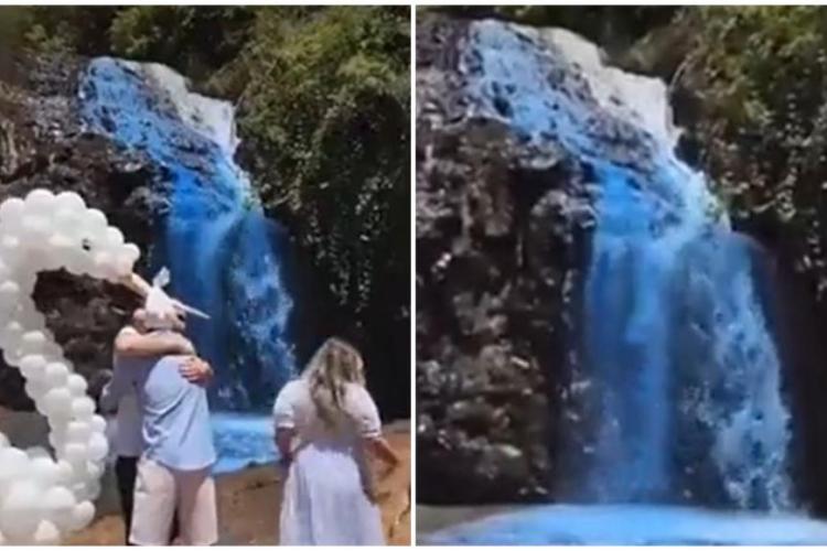 Un cuplu a schimbat culoarea apei unei cascade ca să anunţe genul bebelușului lor. Acum sunt acuzați de „crimă ecologică”