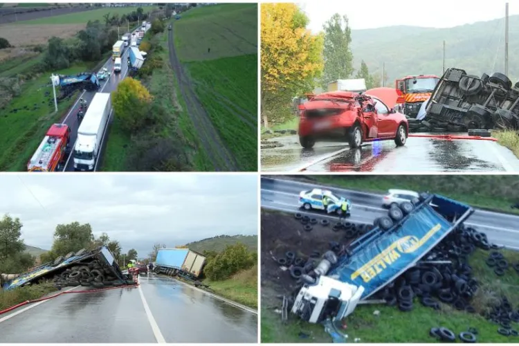 Un șofer, la un pas de tragedie pe un drum din județul Mureș. Un TIR s-a răsturnat pe şosea în faţa maşinii sale, iar un altul l-a izbit din spate