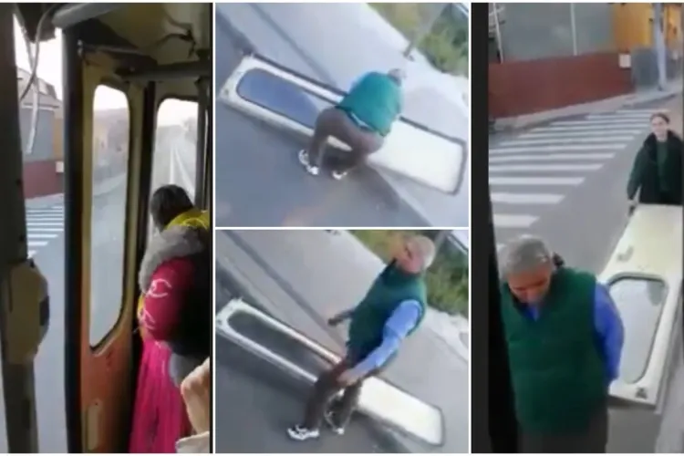 VIDEO - Un tramvai a rămas fără ușă în timpul mersului. Vatmanul a coborât să o recupereze. „Filmați-i așa, să-i vadă lumea”