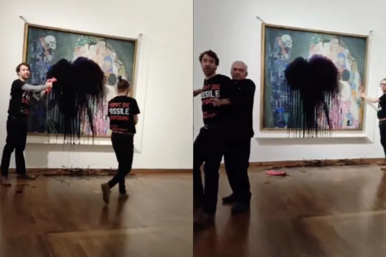 Momentul în care un activist de mediu stropește un tablou de Gustav Klimt cu un lichid negru 