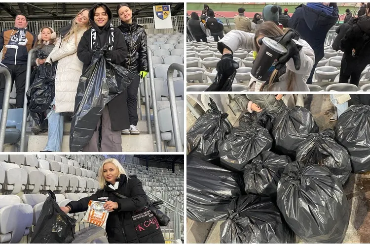 ”Japonezii” Clujului! Un grup de elevi nu a plecat de pe Cluj Arena, de la meciul U Cluj - UTA, până nu a curățat tot stadionul - FOTO