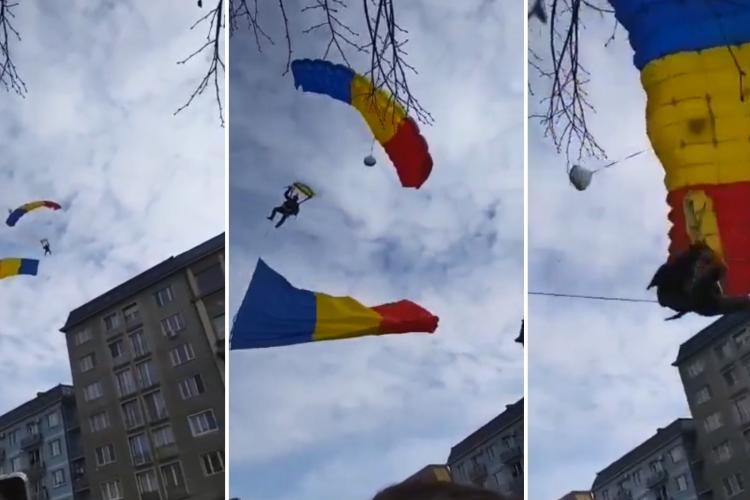 VIDEO - Un parașutist a lovit mai mulți martori, la parada de 1 decembrie din Târgu Mureș, după ce a aterizat în mulțime