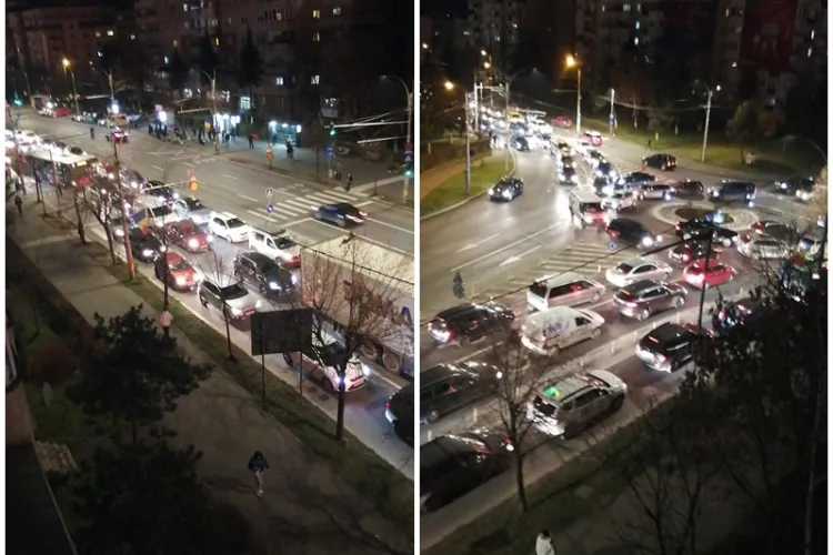FOTO DRONĂ - Cum au blocat doi șoferi tot traficul clujean, vineri seara. Un BMW de la Bolt, cu cutie automată, a ”murit” în stradă