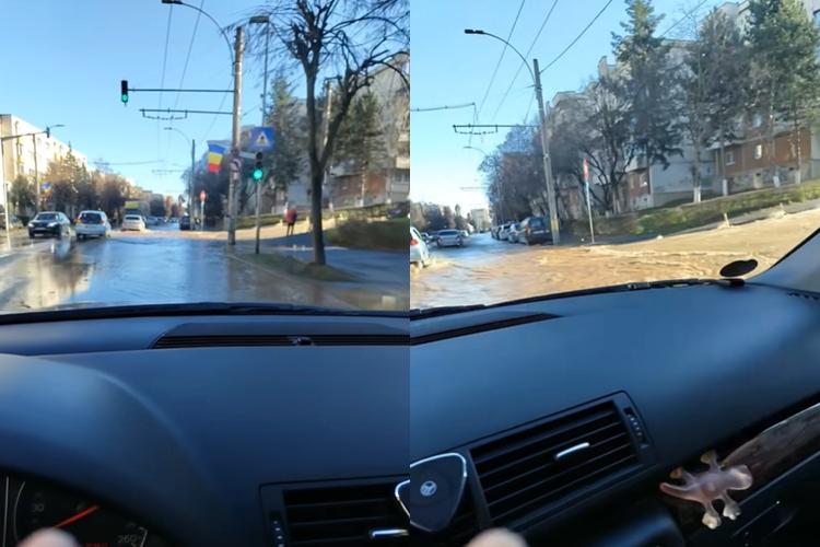 FOTO - Avarie la rețeaua de apă în cartierul Gheorgheni. Carosabilul, inundat în câteva minute 