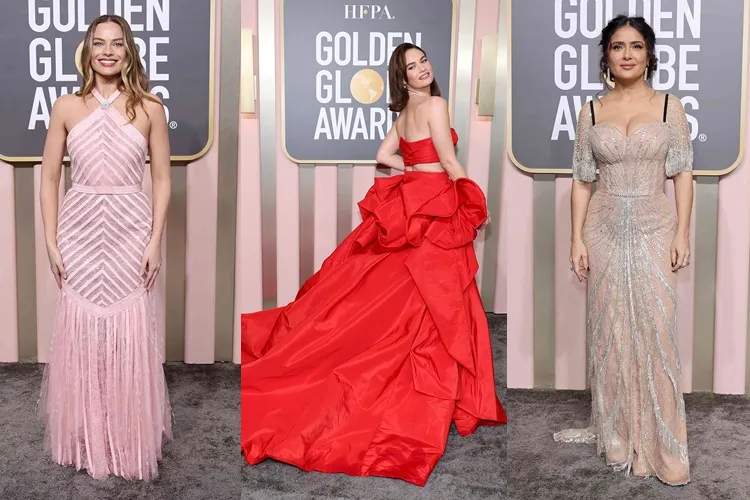 FOTO - Globurile de Aur 2023: Topul celor mai frumoase și scumpe rochii de la gală. Lily James a impresionat cu trena sa roșie 