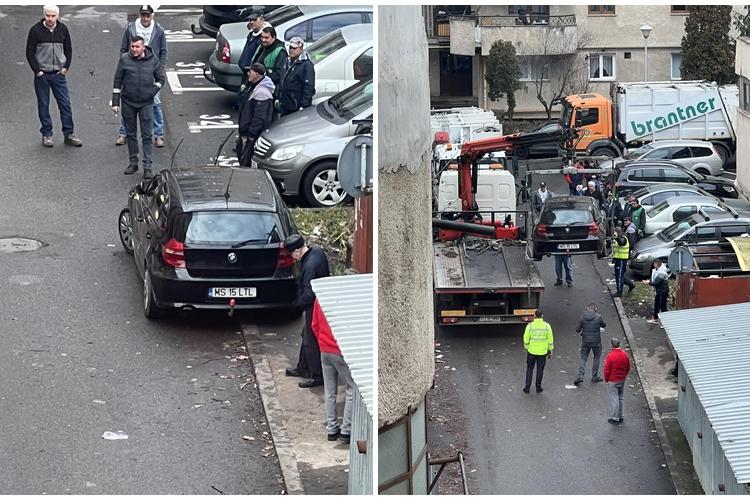 BMW ridicat dintre blocuri, la Cluj: ”Ăștia Bmw, Audi și alte cotețe cred că ei sunt mai deștepți decât (restul)” - FOTO