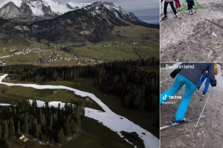 VIDEO/FOTO - Imagini cu turiști mergând în noroi cu schiurile, un adevărat simbol al unei ierni fără zăpadă în Europa 