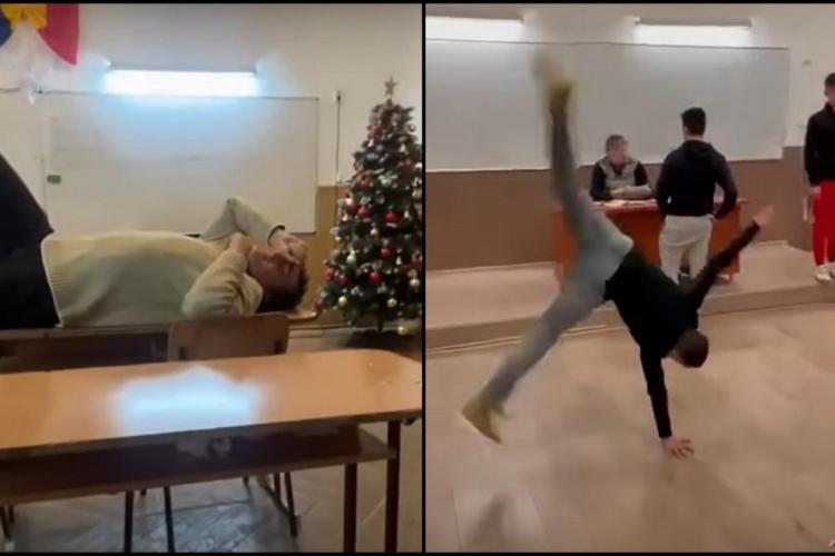 VIDEO - Imagini şocante la un liceu, în timpul orei. Profesorul, întins pe catedră şi elevi făcând tumbe: „Domnul, vreţi să vă facem un masaj?”