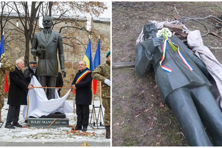 Cluj - Protest după ce statuia lui Iuliu Maniu a fost dată jos de muncitori și batjocorită - FOTO în articol