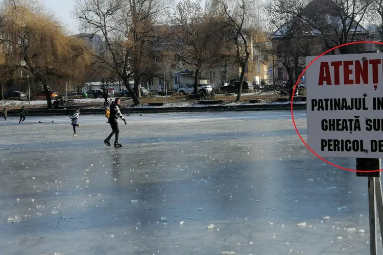 FOTO - Mai mulți clujeni, surprinși în timp ce patinează pe Lacul Chios în ciuda faptului că gheața de la mal s-a topit