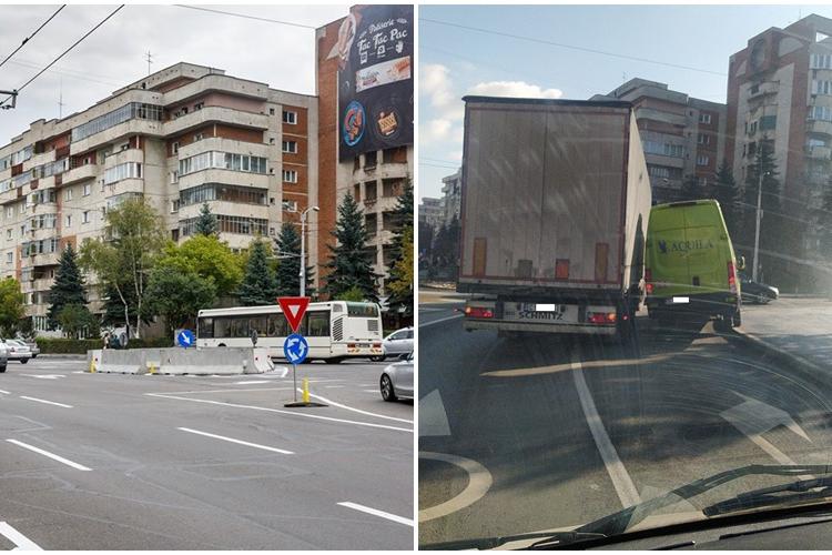 ”Ce-ai făcut Bobiță?” - Șoferul unui camion a împins pe trotuar o dubă, în sensul giratoriu Calea Florești - strada Câmpului - FOTO