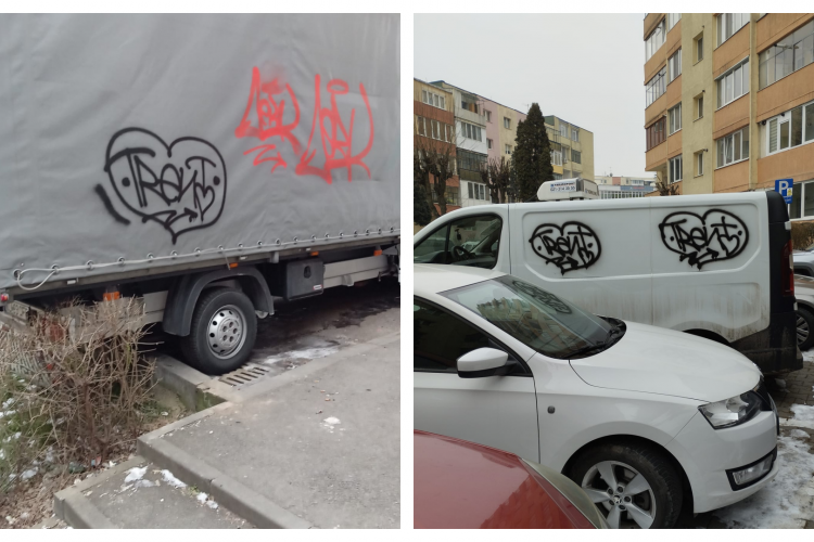 FOTO. Vandalism în cartierul Mănăștur. Mai mulți șoferi s-au trezit cu dubele pline de mâzgălituri