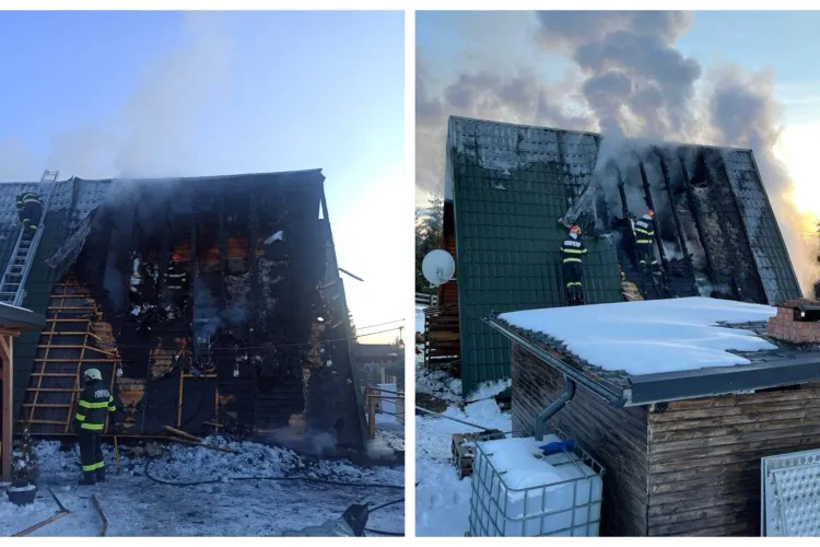 FOTO. Incendiu de proporţii în Mărișel! Pompierii au intervenit cu trei autospeciale la o cabană din lemn cuprinsă de flăcări