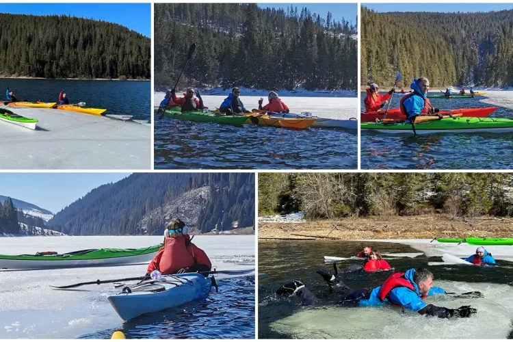 Imagini superbe de pe lacul Beliș, încă înghețat! Excursii cu caiacul pe lac și baie în lacul de ”gheață” - FOTO