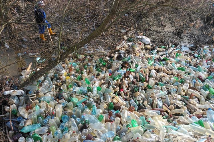 FOTO. Imagini care nu fac cinste Clujului! 50 de saci plini cu PET-uri au colectat angajații Apelor Române pe Valea Fizeșului