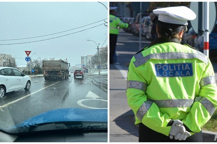 Jos pălăria Poliției Locale Cluj! Au sărit direct pe basculanta care a ieșit cu noroi pe strada Observatorului - FOTO