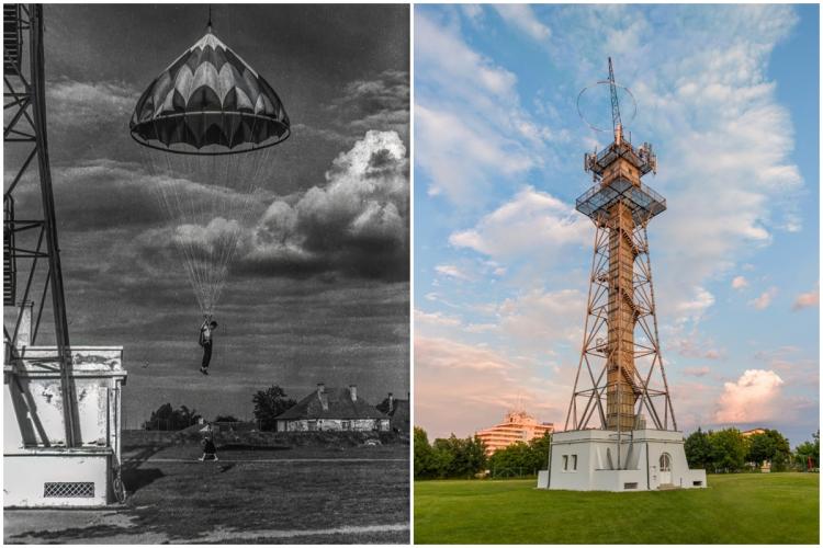 Săritură din turnul parașutiștilor din Cluj, surprinsă acum 60 de ani! Fotografia este parte din patrimoniul fotografic al României