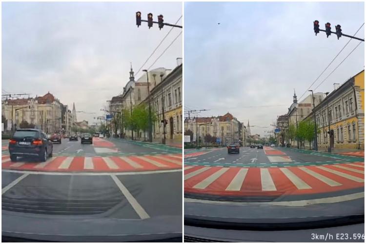 Culoarea roșie, opțională pe Bulevardul 21 Decembrie. Clujeanul a ignorat semaforul și a intrat fără nicio ezitare în intersecția aglomerată