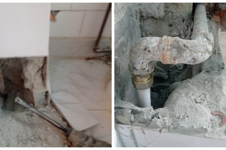 Cluj - Instalatorii i-au devastat DEGEABA apartamenul pentru a găsi o scurgere: Meșterul șef asculta cu borcanul lipit la perete - FOTO
