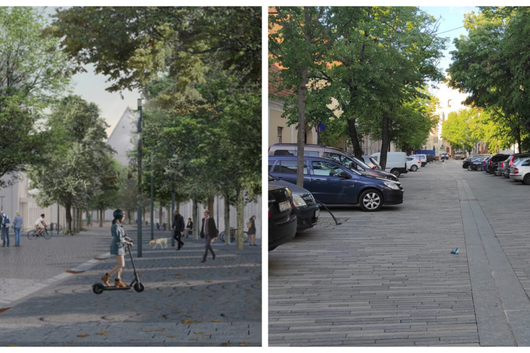 Ce frumoasă parcare a apărut pe strada Kogălniceanu, unde Boc a ”betonat” cu granit ca să nu fie noroi - FOTO