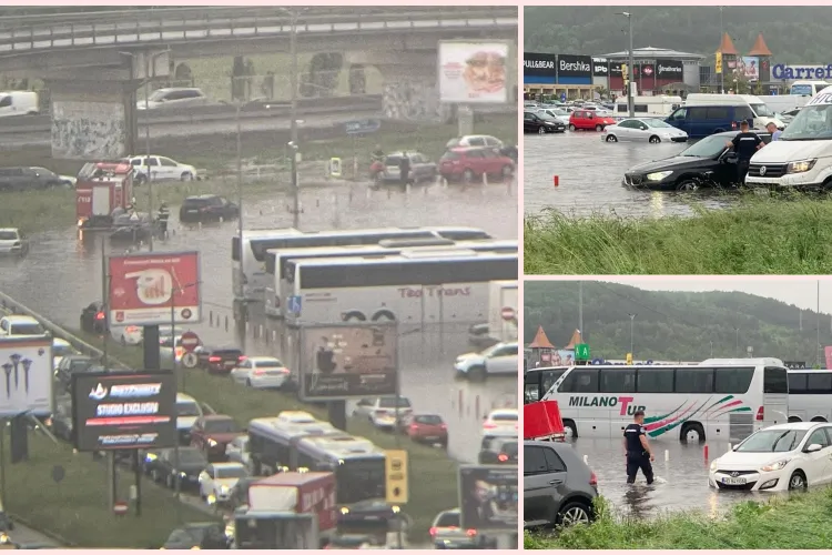 Opt mașini s-au ”înecat” la ieșire din parcarea VIVO, în urma furtunii! Pompierii și jandarmii au intervenit - FOTO