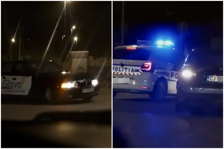 VIDEO. „Deci de aia întârzia comanda…” - Momentul în care un curier clujean de la Glovo a fost surprins de poliție, în timp ce făcea drifturi în giratoriu