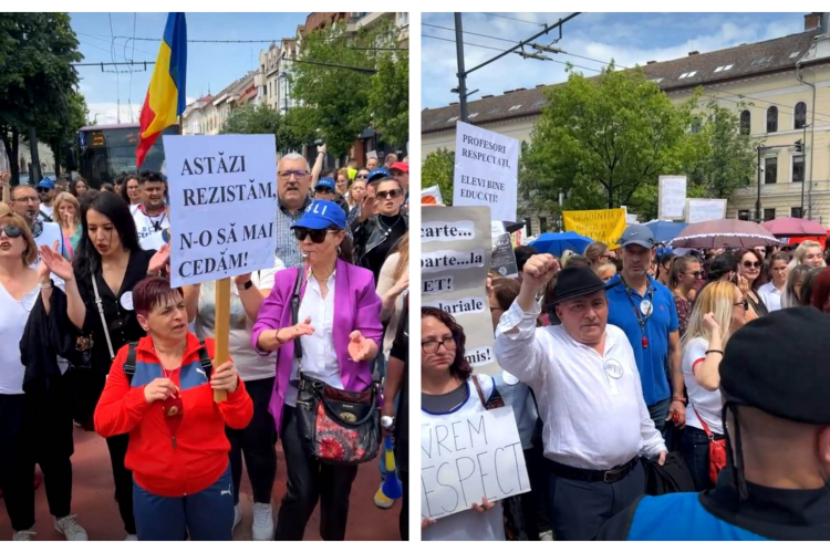 VIDEO. Greva profesorilor continuă cu proteste la Cluj! Sindicaliștii din Educație fac miting în fața Prefecturii: „Astăzi rezistăm. N-o să mai cedăm!”