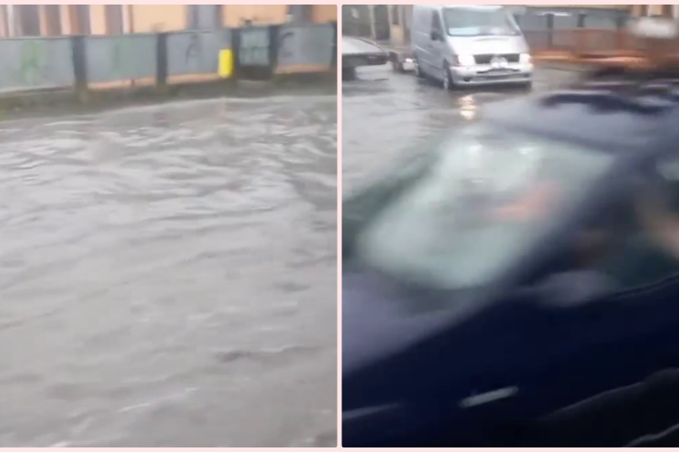 Cu ”barca” pe strada Corneliu Coposu. Ruperea de nori a format un râu pe mijlocul drumului - VIDEO