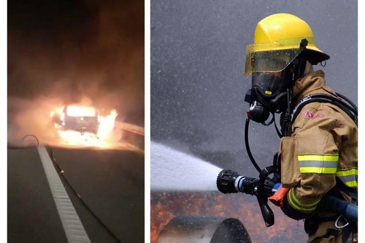 O mașină a luat foc pe Autostrada Transilvania, din cauza forțării excesive - FOTO